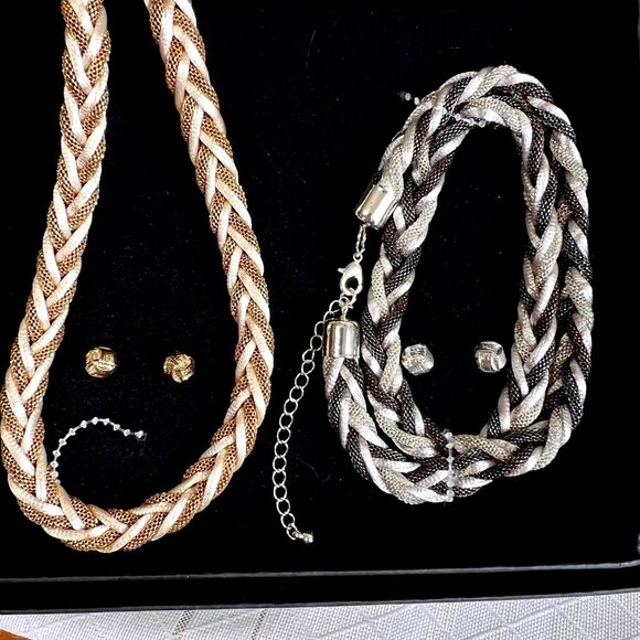 Braided Necklace and Earrings Set of 2, Gold and Black Woven Corded - Picture 3 of 10